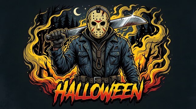 Scary slasher villain wearing a iconic hockey mask and holding a sharp machete stands amidst bright orange burning flames tonight