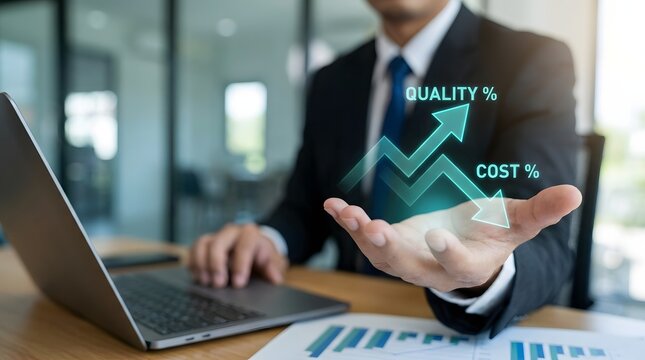 Business professional presenting growth chart and cost reduction with digital display
