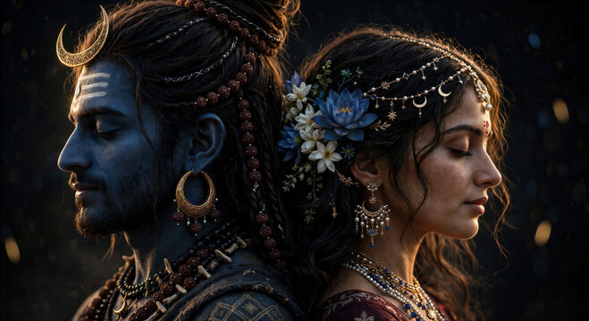 Divine Lord Shiva and Goddess Parvati portrait for Diwali Festival of Lights, cinematic profile of Hindu deities with celestial ornaments and lotus flowers.