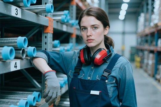 Portrait of young adult Caucasian woman warehouse worker standing by metal pipe shelves, wearing hearing protection and gloves. Ideal for logistics staffing, industrial safety, supply chain