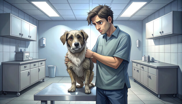 Veterinary clinic with man holding sick dog captures tense worried anxious unposed emotional truth atmosphere generative AI