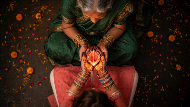 Indian Women Holding a Lit Diya Oil Lamp for Diwali Festival Celebration, Henna Hands and Traditional Attire with Marigold Flowers Background
