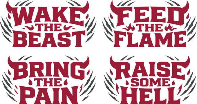 Set of four aggressive motivational slogans featuring devil horns and claw marks in dark red ink