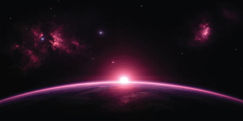 Surreal celestial sunrise on a glowing purple alien planet surface in deep space with astronomy universe celestial atmosphere abstract background exploration artistic infinite discover © jr graphics