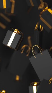 Rotating black gift boxes with golden ribbons and shopping bags on black background for Black Friday sale, 3D render seamless Vertical video.