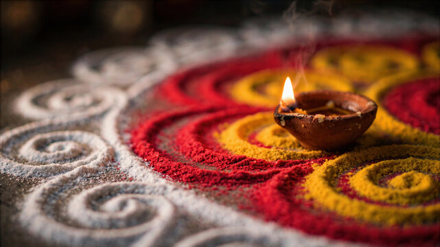 Traditional Clay Diya Lamp Lit on Colorful Rangoli Pattern During Diwali Festival of Lights Celebration