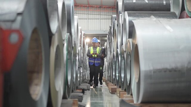 Worker inspects metal rolls in a warehouse during the day in a factory setting in autumn