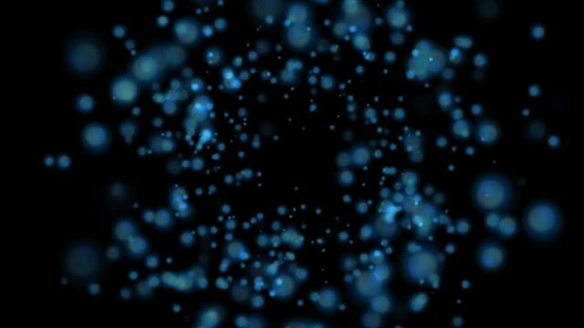 Abstract blue bokeh circles and blurry water bubble particles forming a round frame on black background. Video animation Ultra HD 4K 3840x2160