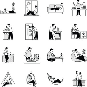 Glyph icons illustrating home living, cooking, dining, relaxation, recipes, remote work, and indoor lifestyle routines. 