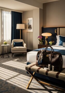 Boutique hotel room with leather luggage on cushioned bench.