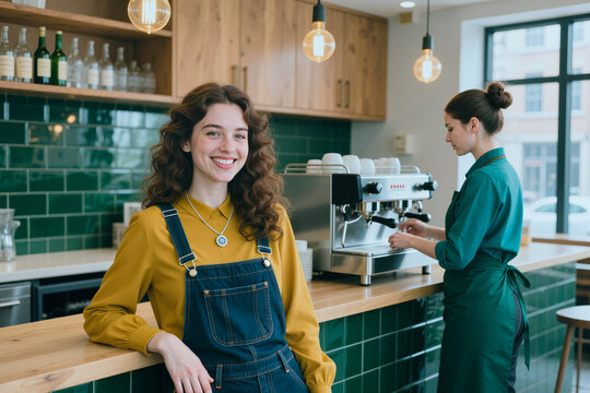 Portrait of young adult Caucasian cafe owner smiling at camera while barista preparing coffee at counter, showing small business teamwork. Ideal for hospitality branding and startup marketing