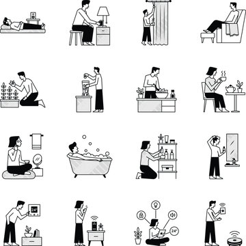 Glyph icons focused on wellness, smart home technology, skincare, healthy routines, automation, and modern home living. 