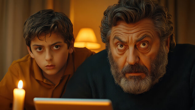 A worried grandfather and grandson intensely watch a tablet screen, illuminated by candlelight, creating a suspenseful scene