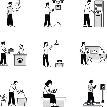 Glyph icons showing online shopping, financial services, deliveries, transportation, repair services, and urban activities. 