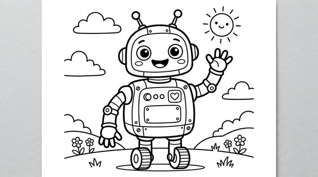 Friendly Robot Waving Coloring Page image hello