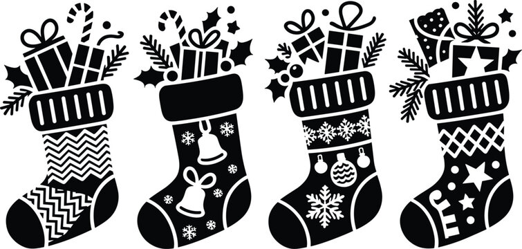 Christmas stocking icons with gifts candy cane and ornaments vector silhouette
