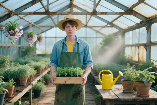 Portrait of Caucasian young adult man holding seedling tray in greenhouse, working in horticulture and plant care. Ideal for gardening business, sustainable farming, retail nursery marketing
