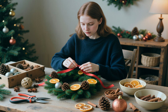 Young adult Caucasian woman arranging holiday wreath with ribbon, dried oranges, pinecones at home, creating seasonal decor. Ideal for Christmas craft, DIY, festive lifestyle marketing