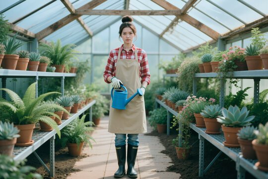 Portrait of young Asian woman holding watering can and working in greenhouse among potted plants, presenting gardening business and sustainable cultivation marketing