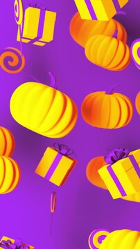 Orange pumpkins, gift boxes and candies rotating on violet Halloween background, 3D render seamless Vertical video.