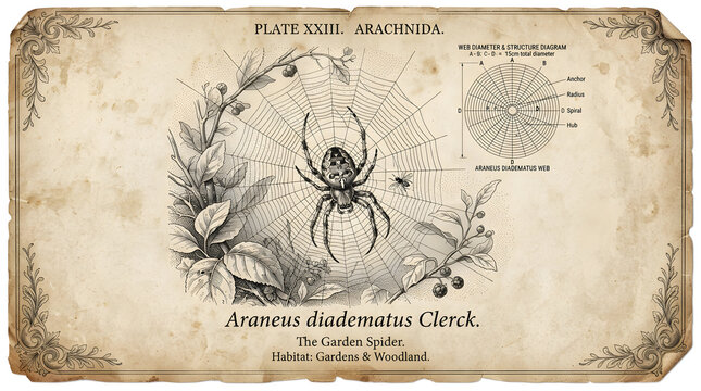 A detailed illustration of an Araneus diadematus Clerck in a garden and woodland habitat with a spider web.