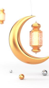 Golden Ramadan lanterns and crescent moon gently swinging on a white background, seamless 3D loop. Vertical video.