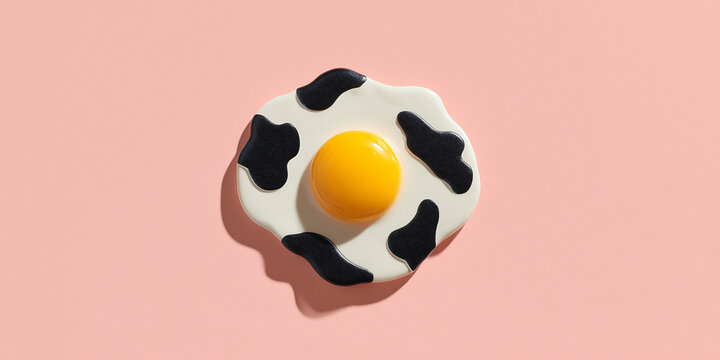 A fried egg with a playful cow print pattern on a pastel pink background. The yolk is bright yellow and perfectly centered, surrounded by the white.