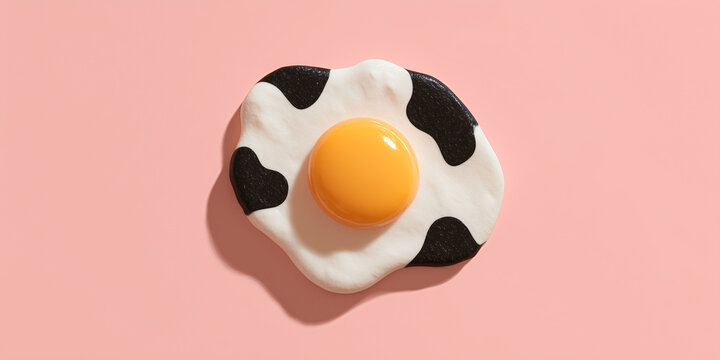 A whimsical fried egg with a black and white spotted pattern resembling a cow, set against a pastel pink background. This playful depiction brings a touch of farmyard charm to a simple food item.