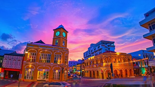Twilight Time Lapse at the Iconic Phuket Clock Tower. Beautiful evening cityscape showcasing famous clock tower with dramatic pink and purple sunset clouds above the historic district of Phuket city