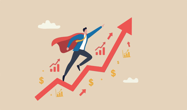 Growth or growing business success, increase sales or career improvement, earn more investment profit earning rising up or up trend concept, businessman superhero red fly exponential growth chart