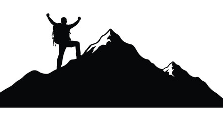 Obraz premium Mountaineer Silhouette On Peak With Mountain Range Black And White