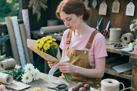 Young adult Caucasian woman arranging flower bouquet and tying ribbon in florist workshop, creating handmade gift concept. Ideal for small business, retail, craft branding
