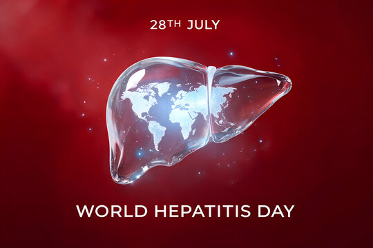 World hepatitis day 28th july transparent liver with world map glowing inside bright