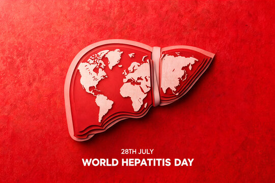 World hepatitis day 28th july human liver organ with world map paper craft red background