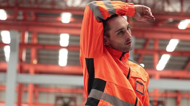 Exhausted industrial worker in high-visibility orange jacket wiping sweat from his forehead. Warehouse worker showing signs of physical fatigue and heat strain.