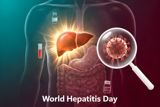 World hepatitis day awareness campaign showing virus, liver health and medical research illustration