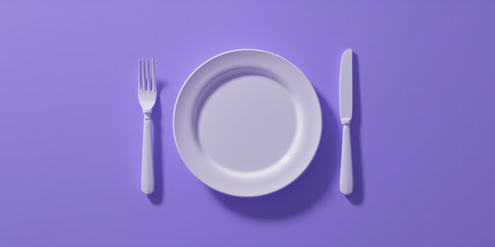 An empty white plate with a fork and knife set on a vibrant purple background, suggesting anticipation for a meal