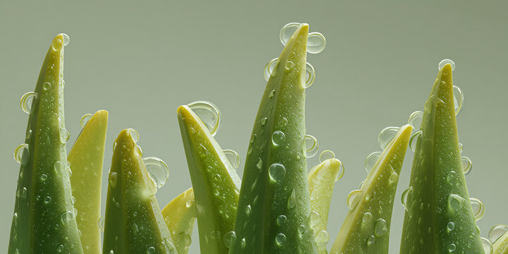 Close up of succulent plant leaves with water droplets clinging to the tips. The green leaves are pointed and textured, with the dew drops creating tiny, shimmering spheres.