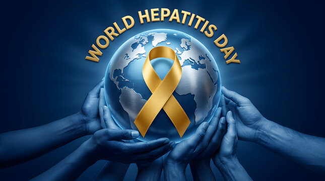 World hepatitis day awareness global concept with hands holding earth and golden ribbon support health