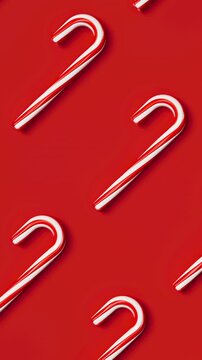 Moving grid of candy canes on a red Christmas background with seamless 3D animation loop. Vertical video.