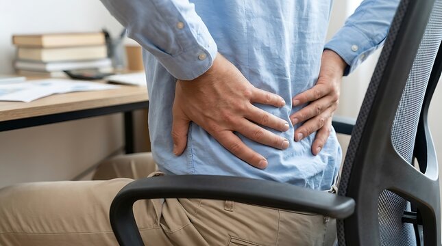 Person sitting in an office chair at a desk holding their lower back due to pain or discomfort while working long hours in a corporate environment