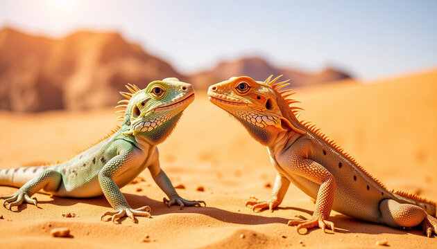 Two colorful lizards interacting on sandy desert landscape  