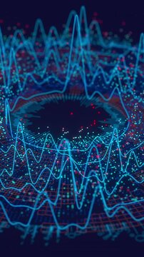 Round big data visualization with AI processing, quantum computing and futuristic information flow, seamless 3D loop. Vertical video.