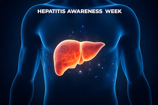 Hepatitis awareness week human body showing glowing liver organ health concept