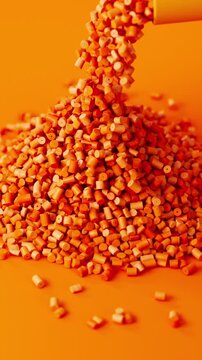 Orange polypropylene plastic granules pouring from a cup onto a resin pellet pile on orange background, 3D render dynamic Vertical video.