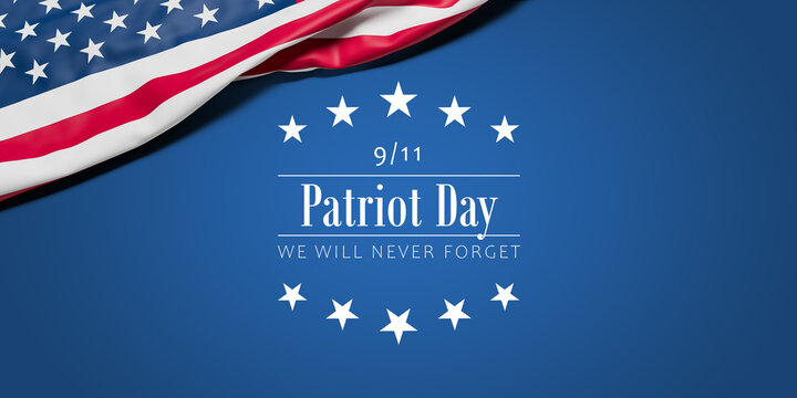 The wrinkled flag of the USA draped onto a flat dark blue surface and the text "9/11 - Patriot Day - We Will Never Forget"
