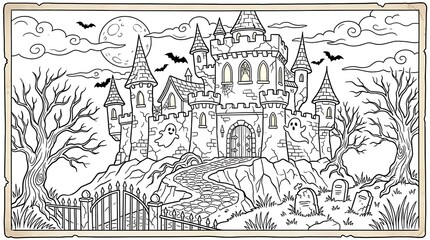 Naklejka premium Spooky Halloween Castle Coloring Page with Ghosts and Bats