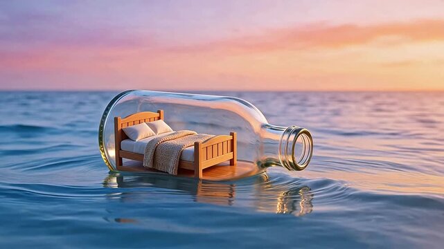 Miniature bed in bottle on ocean