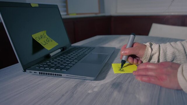Worker with reminder note to call network technician with messy cables background