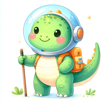 Cute baby dinosaur astronaut hiking with backpack and walking stick for happy children apparel design generative AI